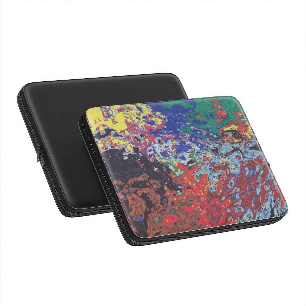 Laptop Sleeve with a bold vivid pattern Graffiti Pulse abstract and artistic style, featuring an elegant and expressive aesthetic design. Main colors are red, blue, black and yellow. Front and back view.