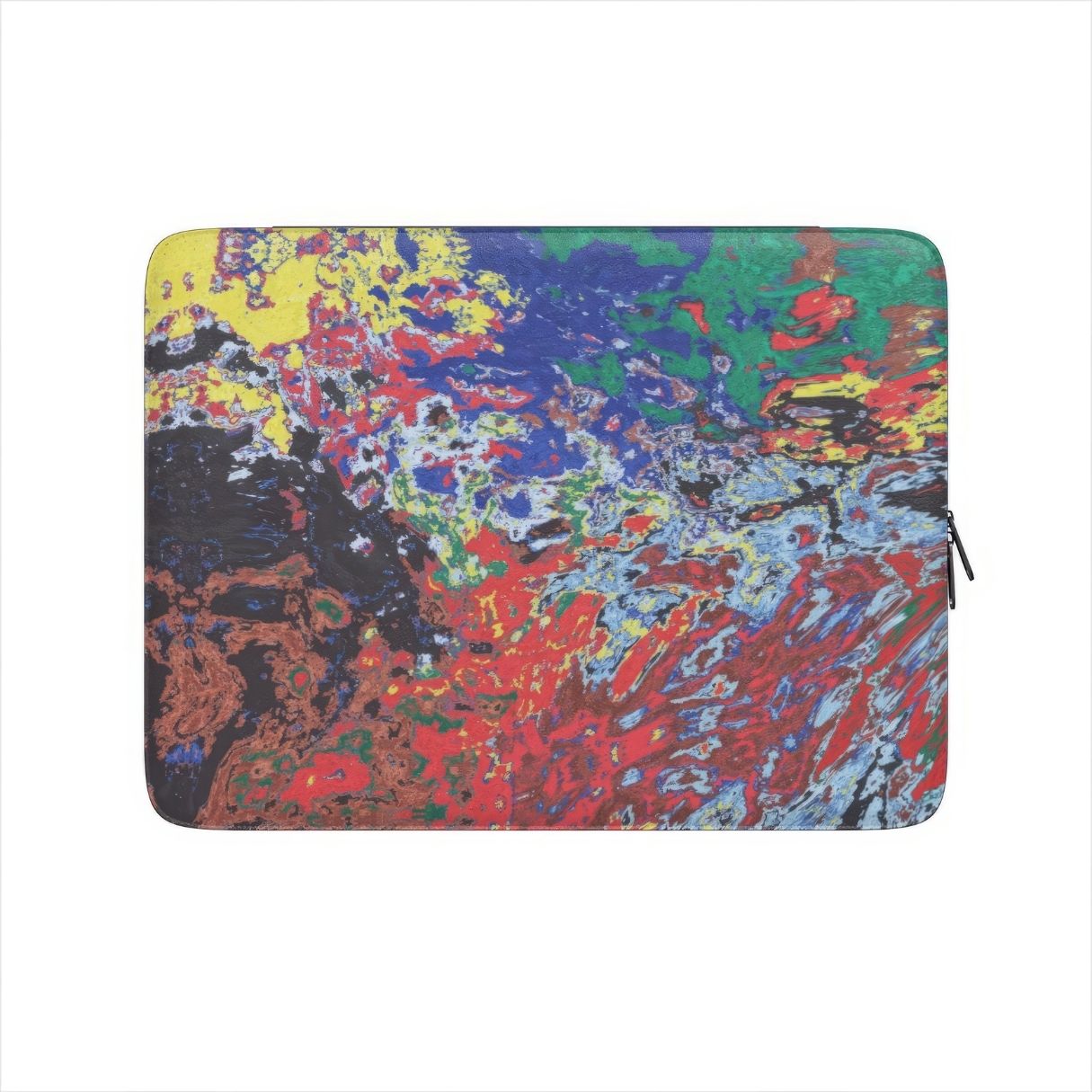 Laptop Sleeve with a bold vivid pattern Graffiti Pulse abstract and artistic style, featuring an elegant and expressive aesthetic design. Main colors are red, blue, black and yellow. Front view.