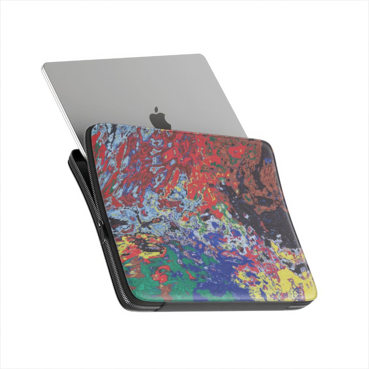 Laptop Sleeve with a bold vivid pattern Graffiti Pulse abstract and artistic style, featuring an elegant and expressive aesthetic design. Main colors are red, blue, black and yellow. Side view with device.