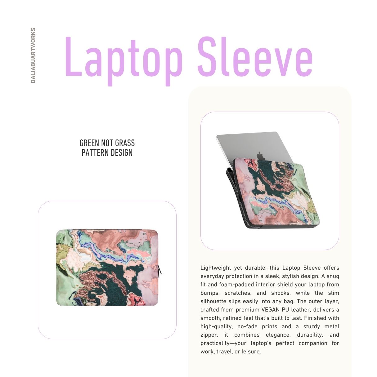 Laptop Sleeve with a bold vivid pattern Green Not Grass abstract and artistic style, featuring an elegant and expressive aesthetic design. Main colors are green and pink hues. Description.