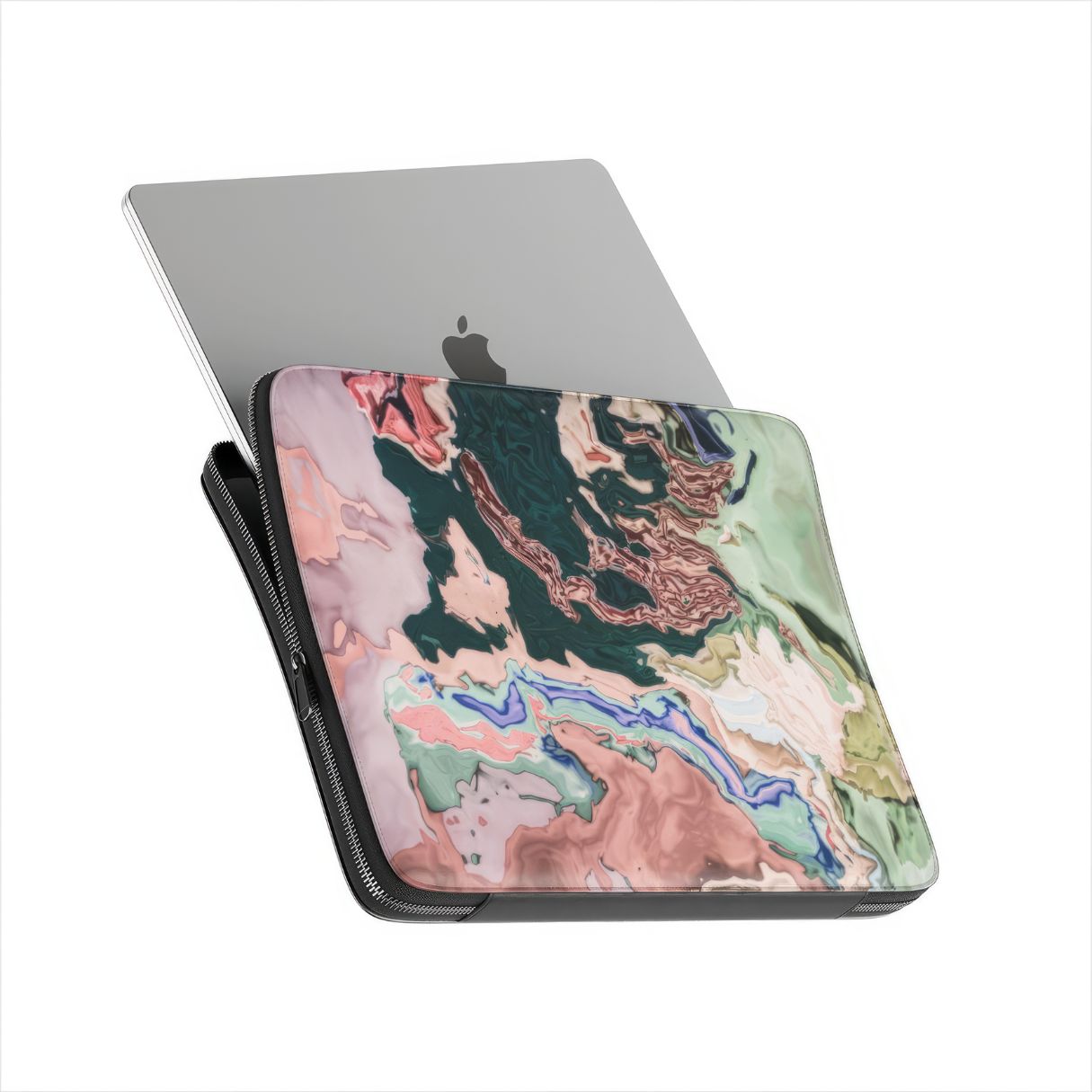 Laptop Sleeve with a bold vivid pattern Green Not Grass abstract and artistic style, featuring an elegant and expressive aesthetic design. Main colors are green and pink hues. Side view with device.