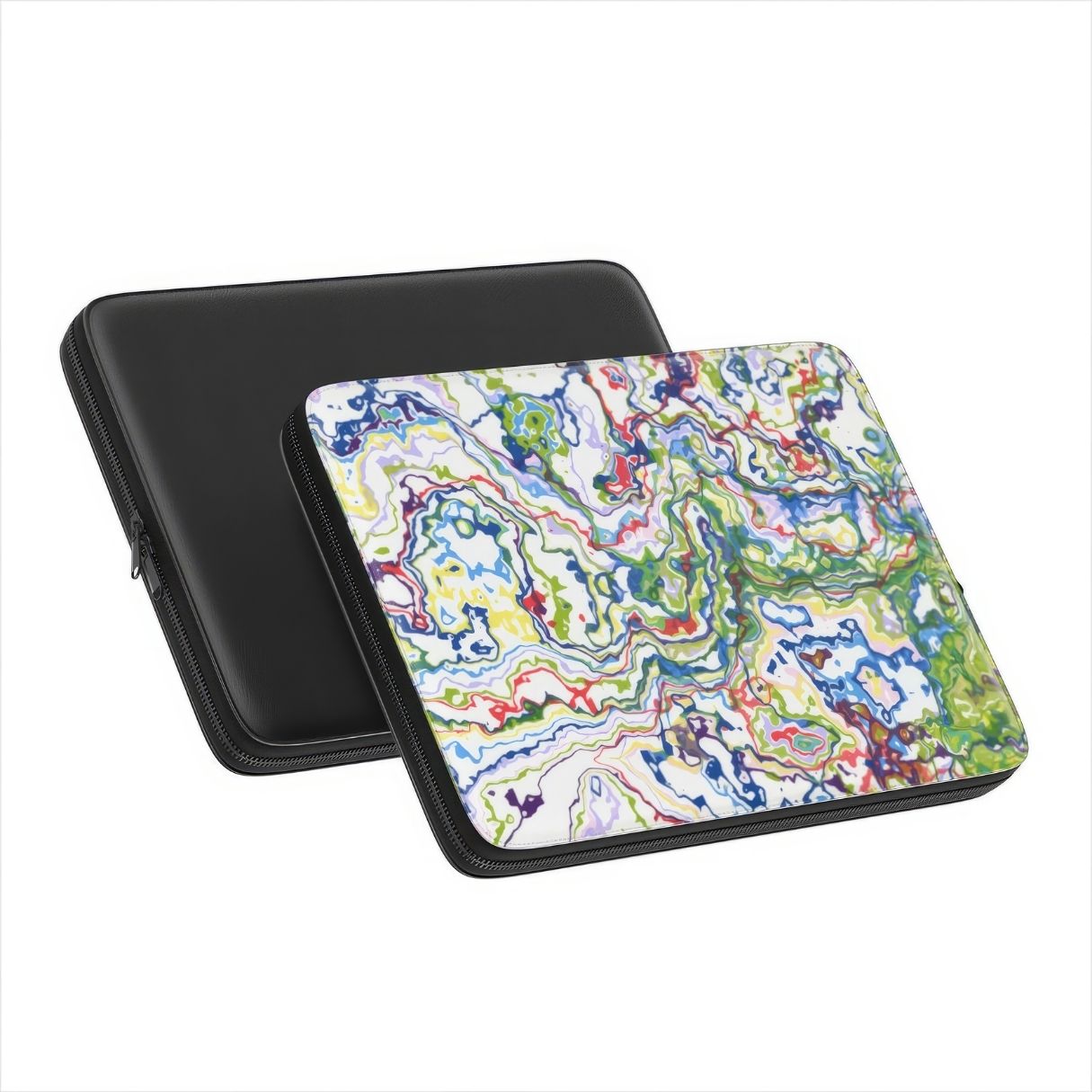 Laptop Sleeve with Inside My Brain pattern, artistic, abstract marble pattern. Mix color combination. Bold expressive aesthetic design. Colorful and interior fit. front and back view.