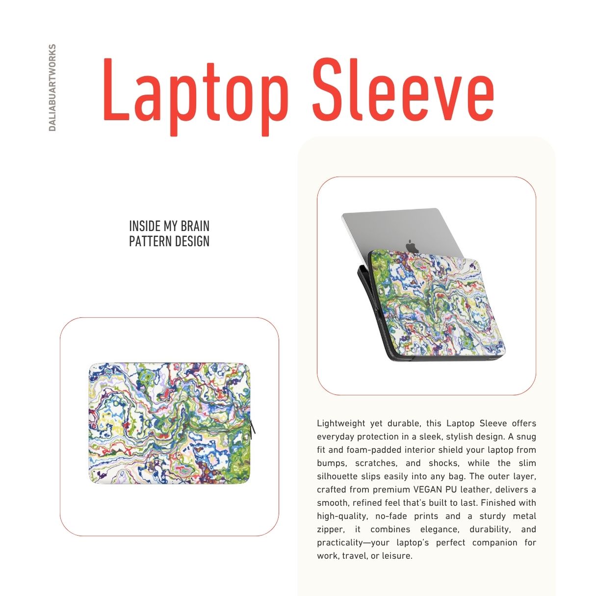 Laptop Sleeve with Inside My Brain pattern, artistic, abstract marble pattern. Mix color combination. Bold expressive aesthetic design. Colorful and interior fit. Description.