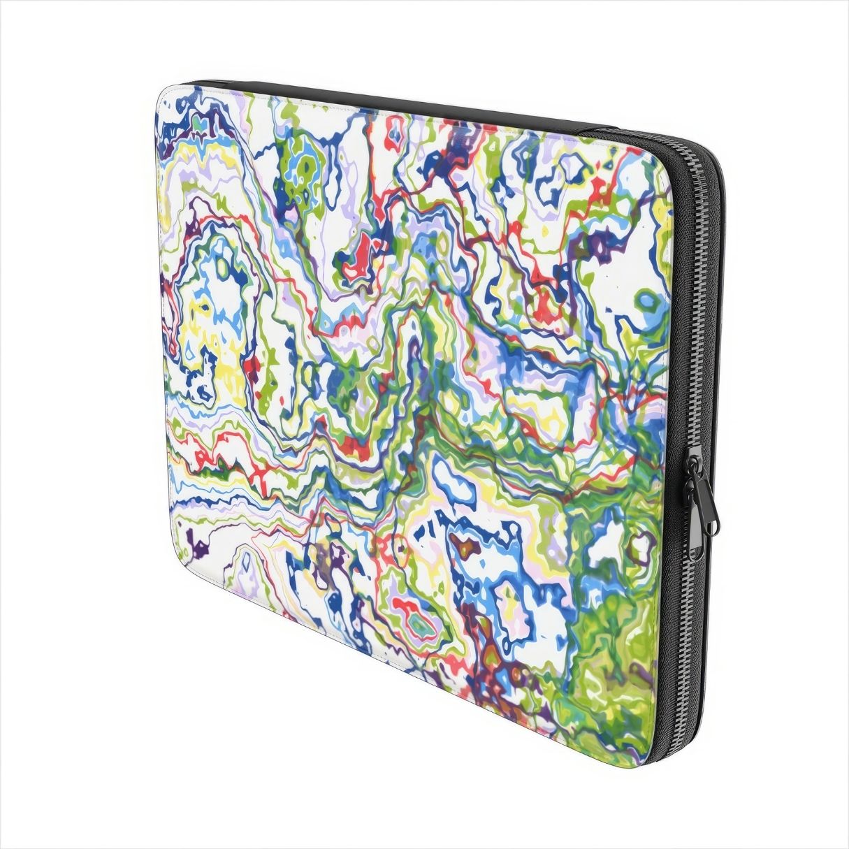Laptop Sleeve with Inside My Brain pattern, artistic, abstract marble pattern. Mix color combination. Bold expressive aesthetic design. Colorful and interior fit. Side view.