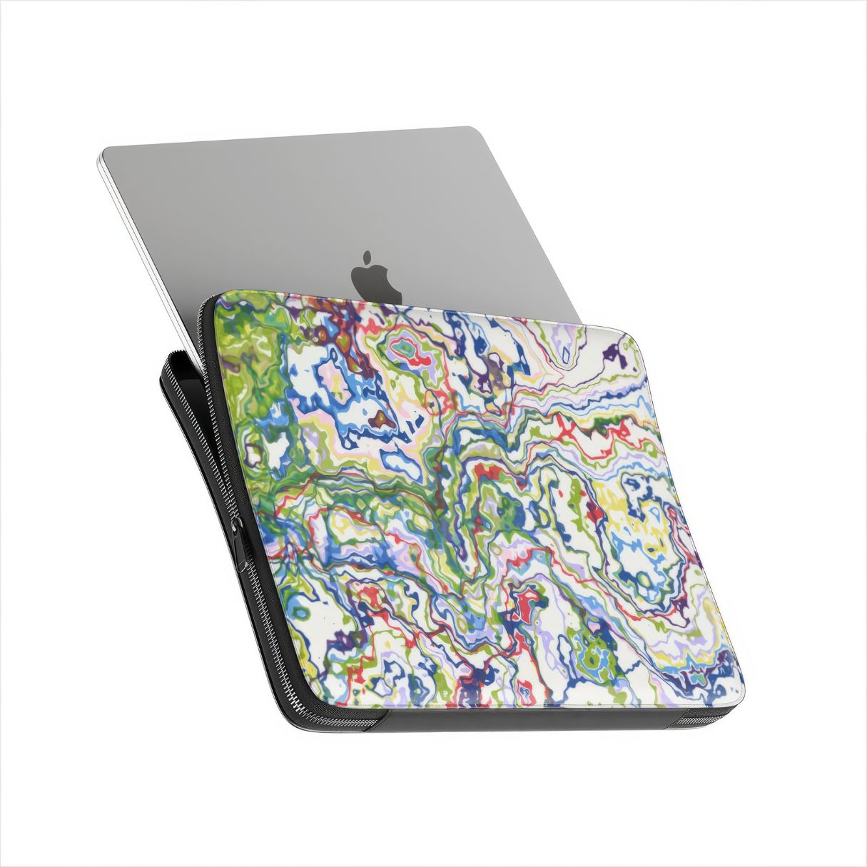 Laptop Sleeve with Inside My Brain pattern, artistic, abstract marble pattern. Mix color combination. Bold expressive aesthetic design. Colorful and interior fit. Side view with device.