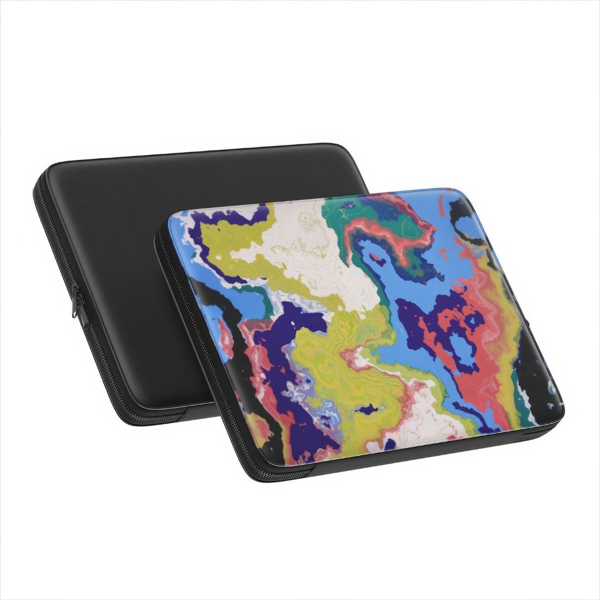 Laptop Sleeve side and back view; Jamaica pattern, artistic, abstract marble pattern. Dark blue, yellow and white color combination. Bold expressive aesthetic design. Colorful and interior fit.