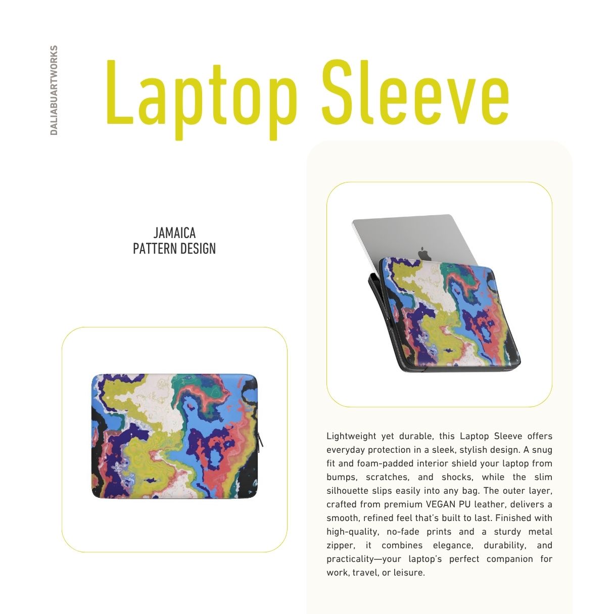 Laptop Sleeve description; Jamaica pattern, artistic, abstract marble pattern. Dark blue, yellow and white color combination. Bold expressive aesthetic design. Colorful and interior fit.