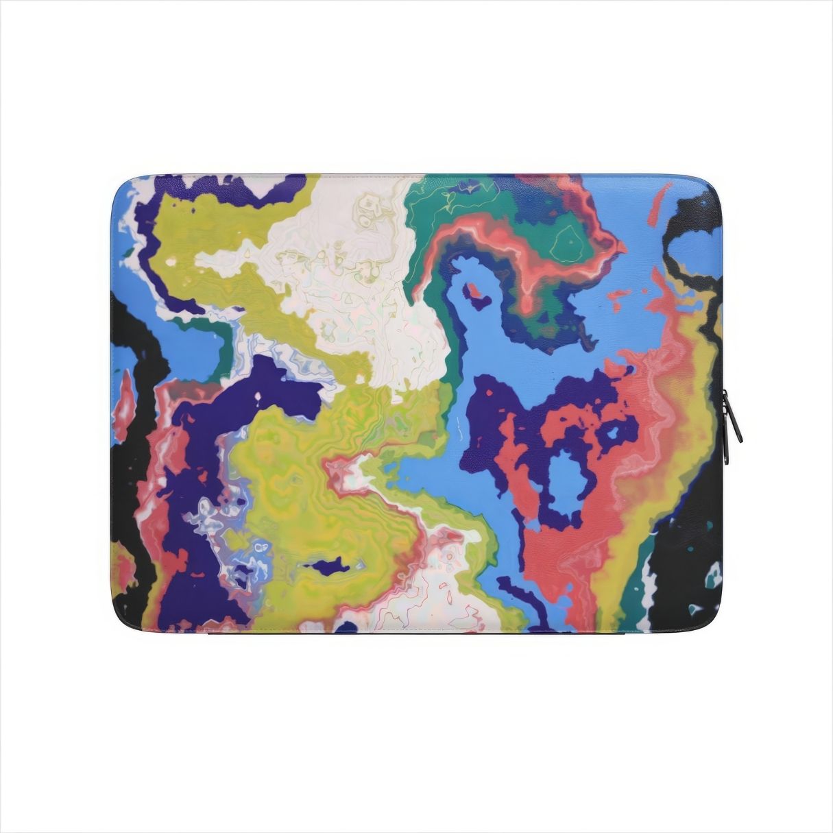 Laptop Sleeve front view; Jamaica pattern, artistic, abstract marble pattern. Dark blue, yellow and white color combination. Bold expressive aesthetic design. Colorful and interior fit.