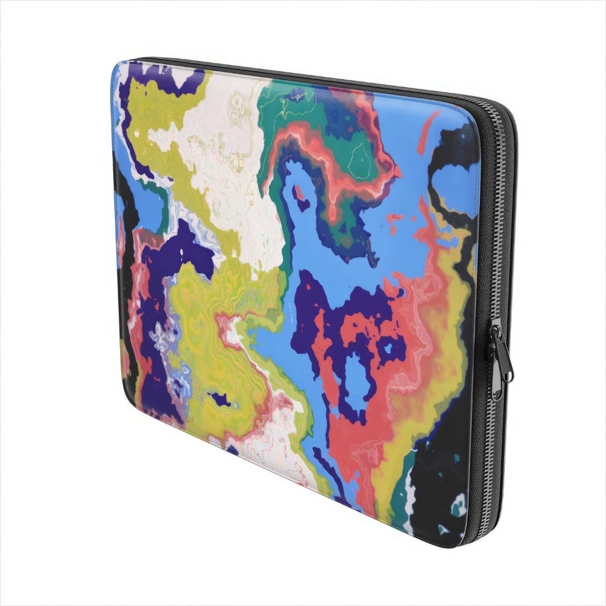 Laptop Sleeve side view; Jamaica pattern, artistic, abstract marble pattern. Dark blue, yellow and white color combination. Bold expressive aesthetic design. Colorful and interior fit.