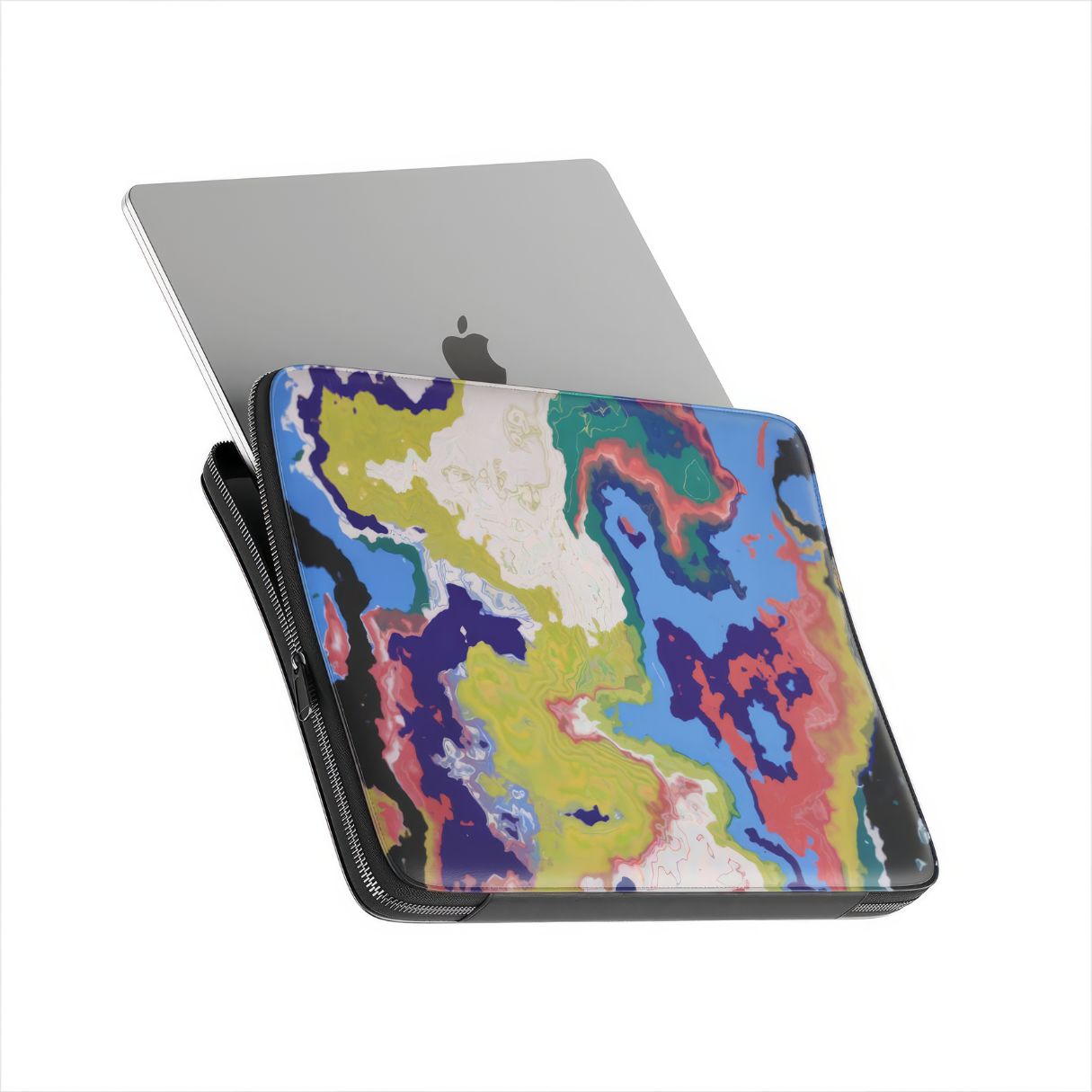 Laptop Sleeve side view with device; Jamaica pattern, artistic, abstract marble pattern. Dark blue, yellow and white color combination. Bold expressive aesthetic design. Colorful and interior fit.