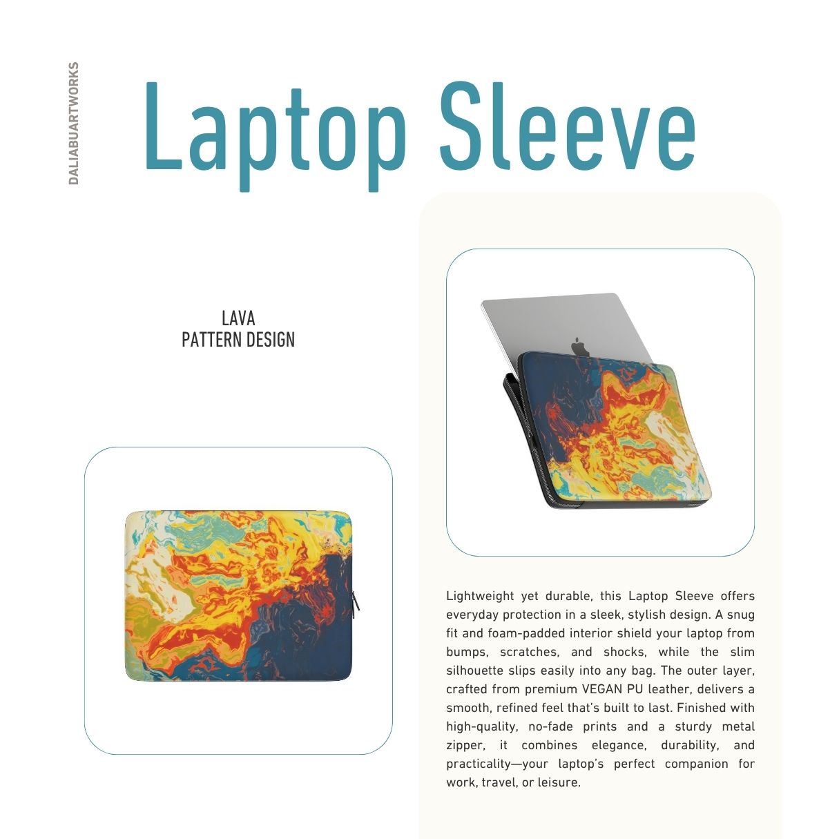 Laptop Sleeve with a bold vivid pattern in marble abstract and artistic style, featuring an elegant and expressive aesthetic design. Main colors are navy deep blue, rich yellow, red and marine blue. Description.