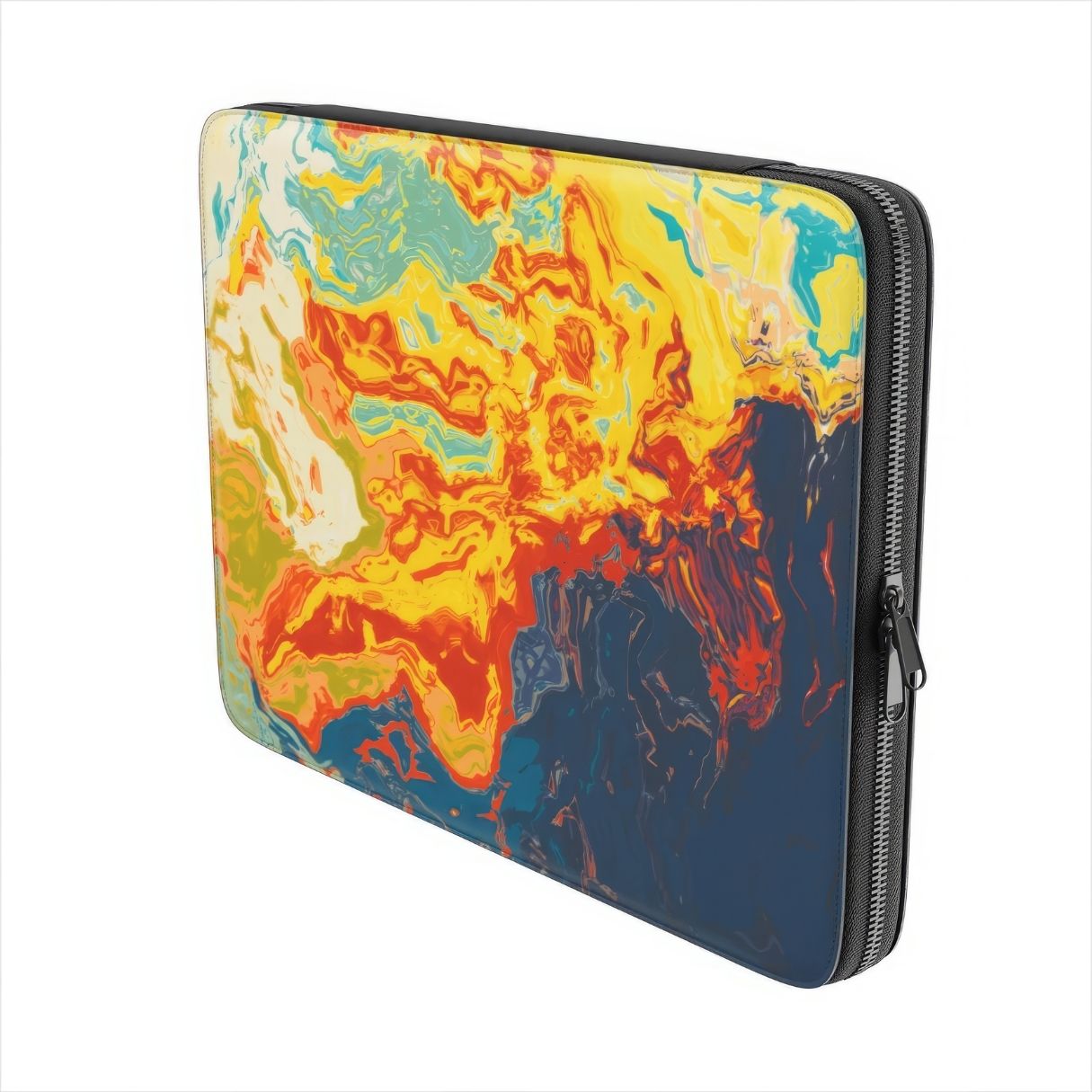 Laptop Sleeve with a bold vivid pattern in marble abstract and artistic style, featuring an elegant and expressive aesthetic design. Main colors are navy deep blue, rich yellow, red and marine blue. Side view.