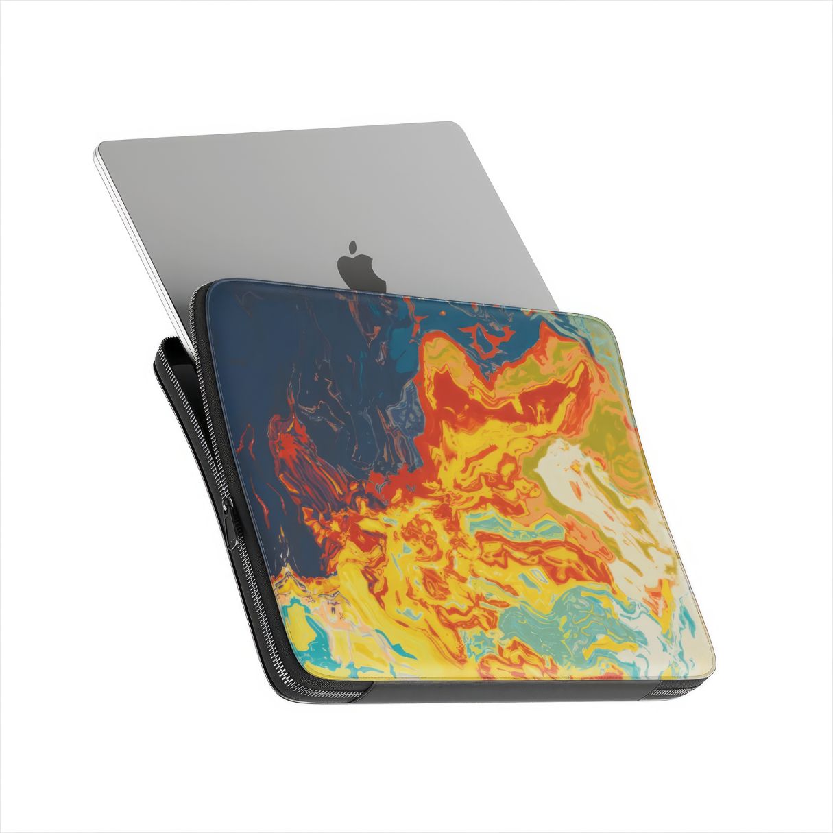 Laptop Sleeve with a bold vivid pattern in marble abstract and artistic style, featuring an elegant and expressive aesthetic design. Main colors are navy deep blue, rich yellow, red and marine blue. Side view with device.