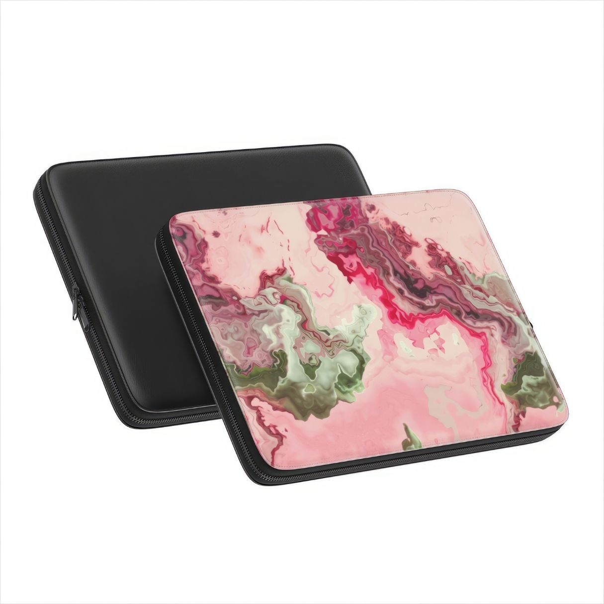 Laptop Sleeve with a bold vivid pattern Like Flamingo in marble abstract and artistic style, featuring an elegant and expressive aesthetic design. Main colors are pink and green. Side and back view.