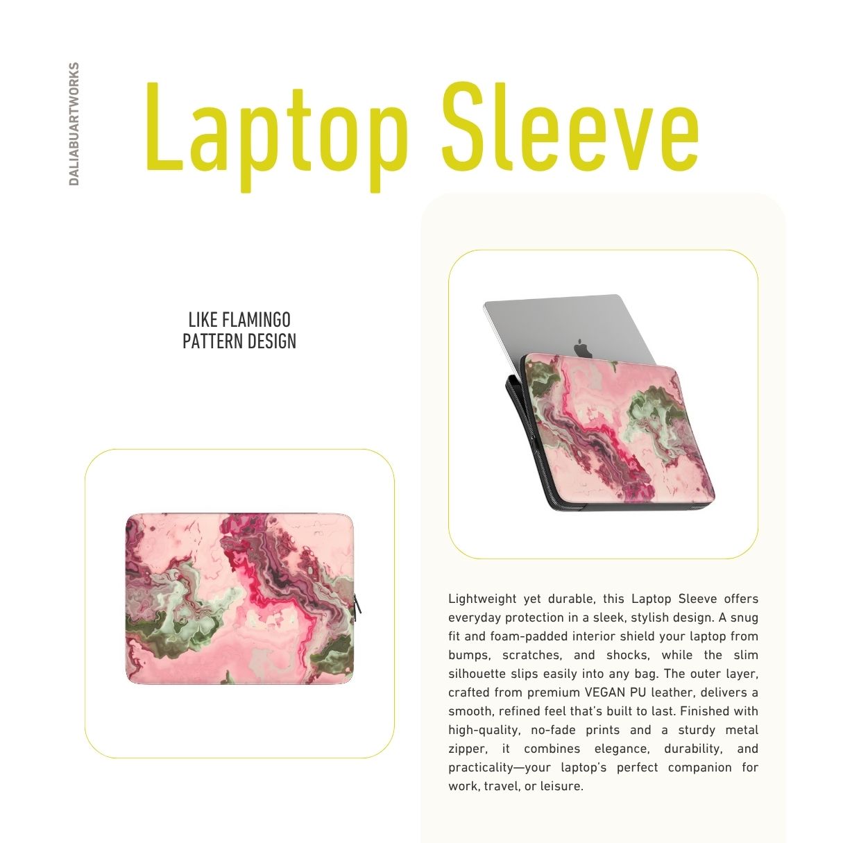 Laptop Sleeve with a bold vivid pattern Like Flamingo in marble abstract and artistic style, featuring an elegant and expressive aesthetic design. Main colors are pink and green. Description.