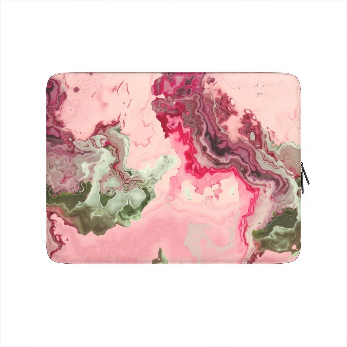Laptop Sleeve with a bold vivid pattern Like Flamingo in marble abstract and artistic style, featuring an elegant and expressive aesthetic design. Main colors are pink and green. Front view.