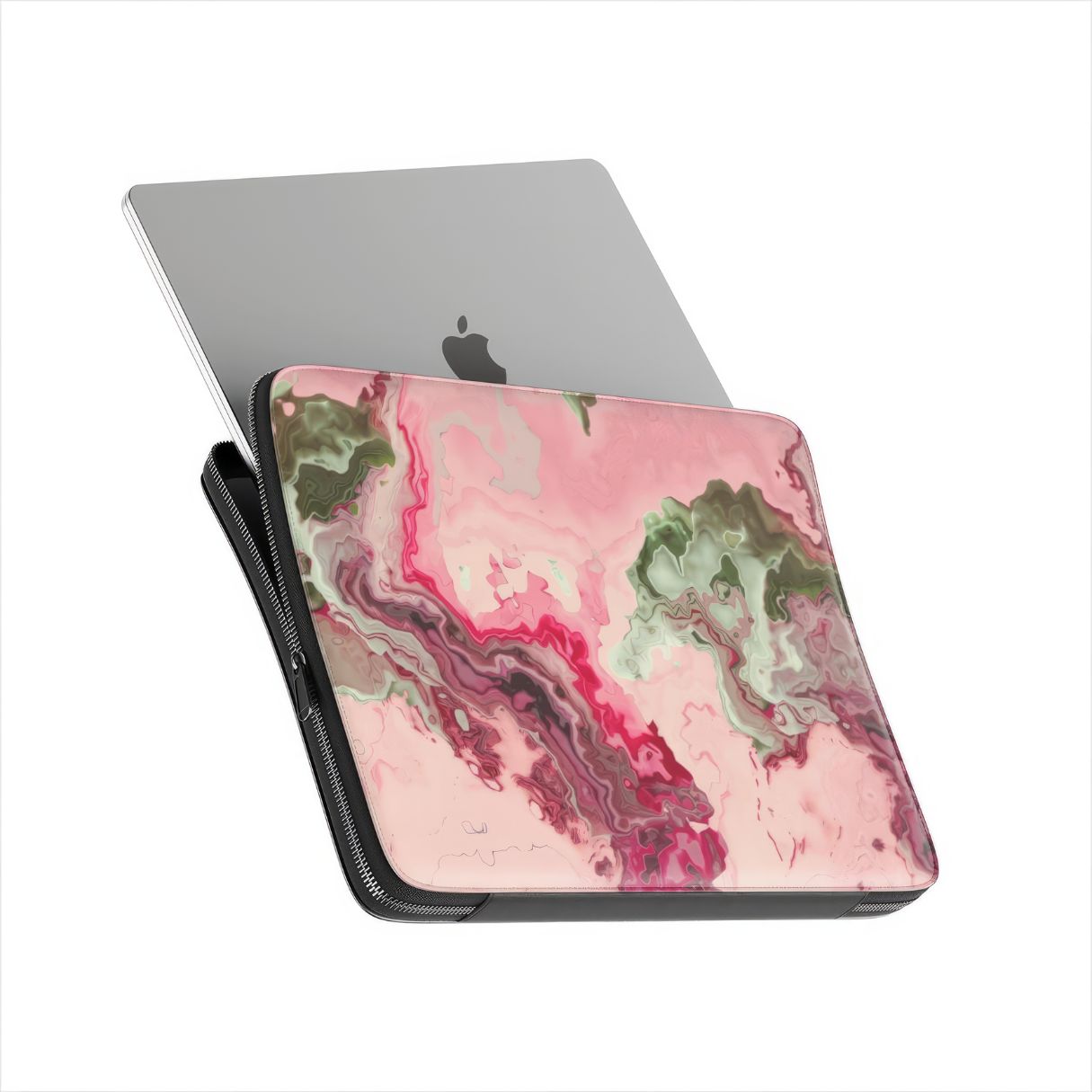 Laptop Sleeve with a bold vivid pattern Like Flamingo in marble abstract and artistic style, featuring an elegant and expressive aesthetic design. Main colors are pink and green. Side view with device.