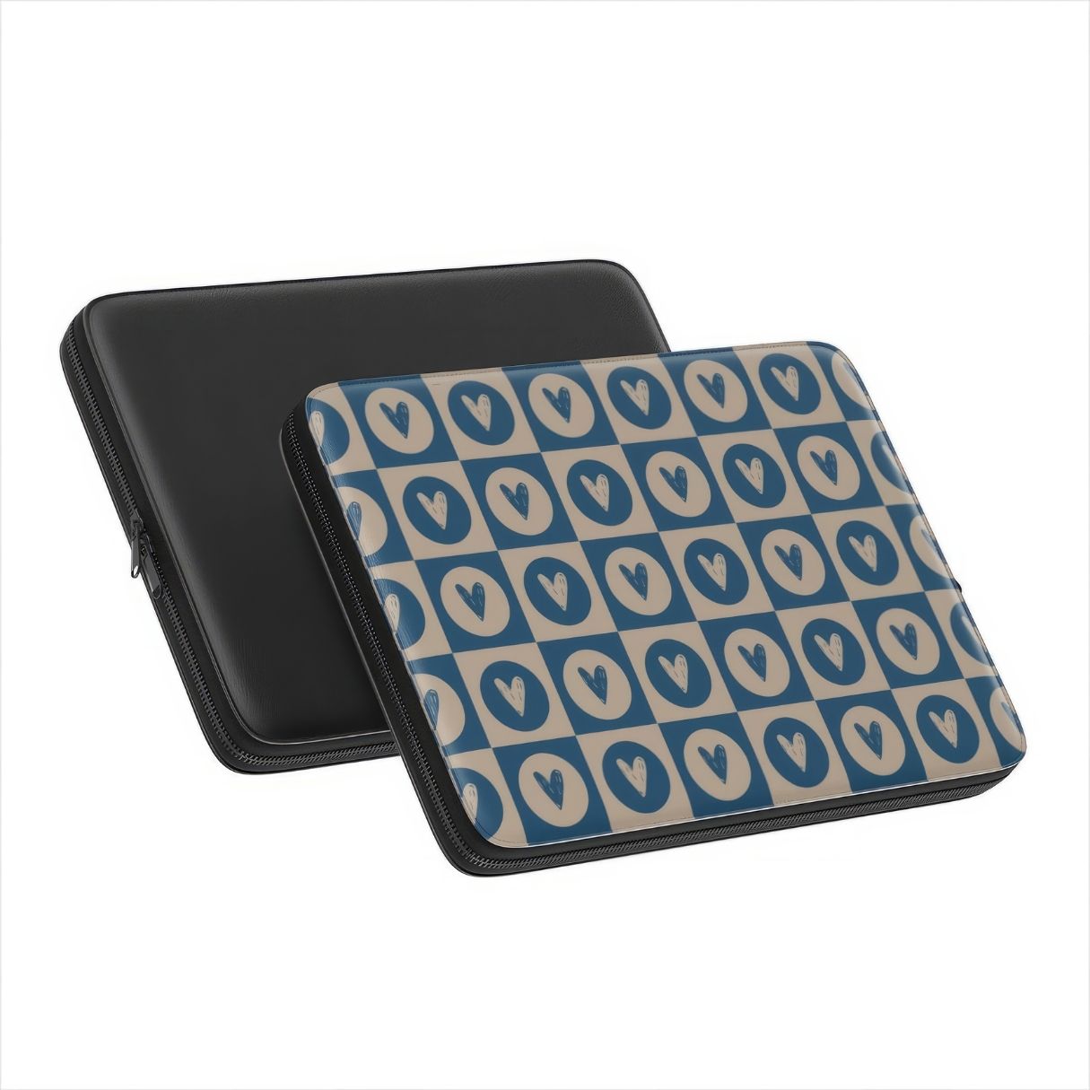 Laptop Sleeve with LovDot Blue pattern design with a dynamic geometric symmetry in heart and dot style, featuring an elegant and expressive aesthetic design. Main colors are steel blue and light brown. Front and back view.