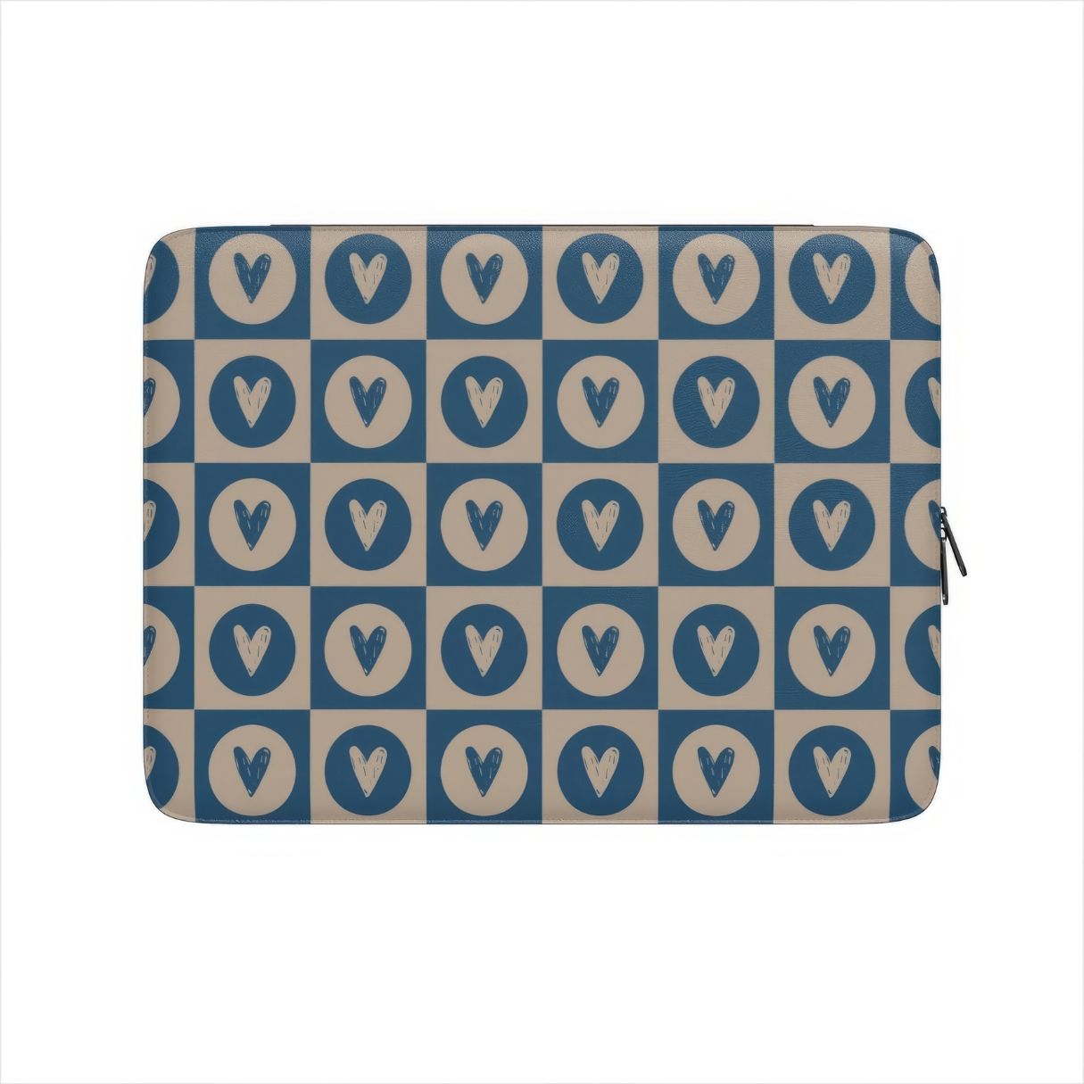 Laptop Sleeve with LovDot Blue pattern design with a dynamic geometric symmetry in heart and dot style, featuring an elegant and expressive aesthetic design. Main colors are steel blue and light brown. Front view.