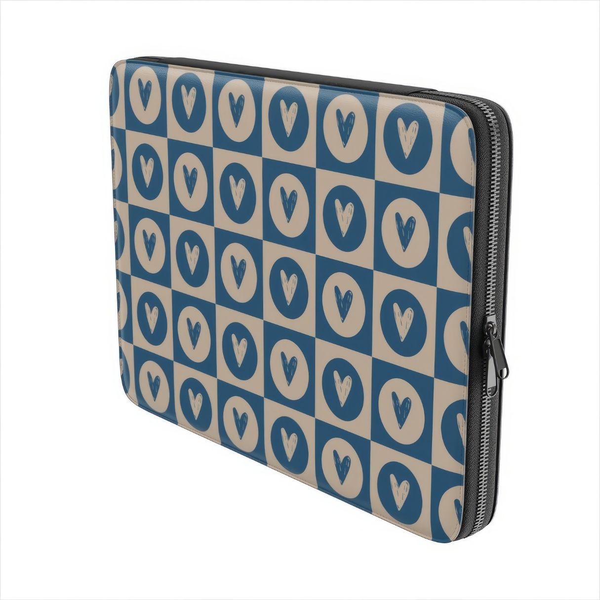Laptop Sleeve with LovDot Blue pattern design with a dynamic geometric symmetry in heart and dot style, featuring an elegant and expressive aesthetic design. Main colors are steel blue and light brown. Side view.