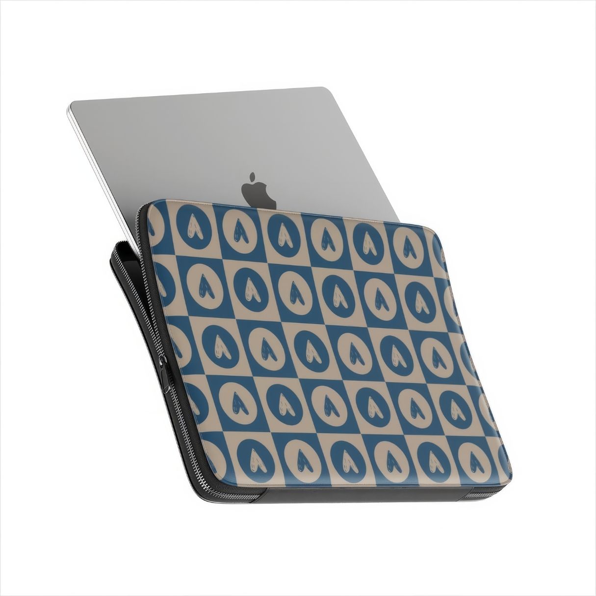 Laptop Sleeve with LovDot Blue pattern design with a dynamic geometric symmetry in heart and dot style, featuring an elegant and expressive aesthetic design. Main colors are steel blue and light brown. Side view with device.