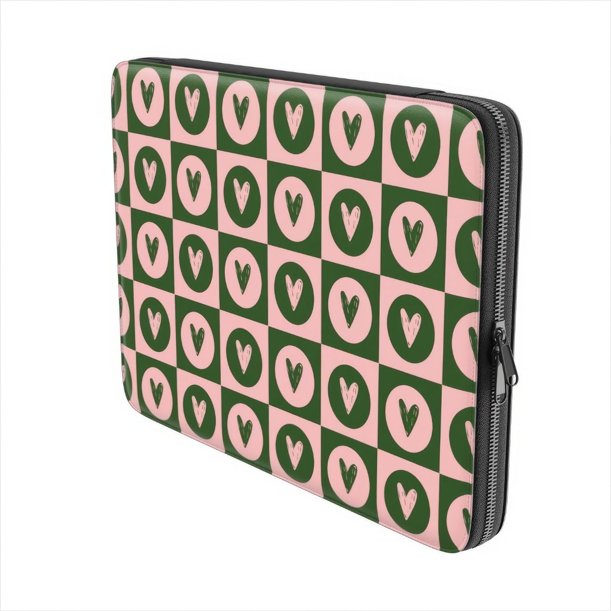 Laptop Sleeve with LovDot Vintage Rose pattern design with a dynamic geometric symmetry in heart and dot style, featuring an elegant and expressive aesthetic design. Main colors are vintage pink and green. Side view.