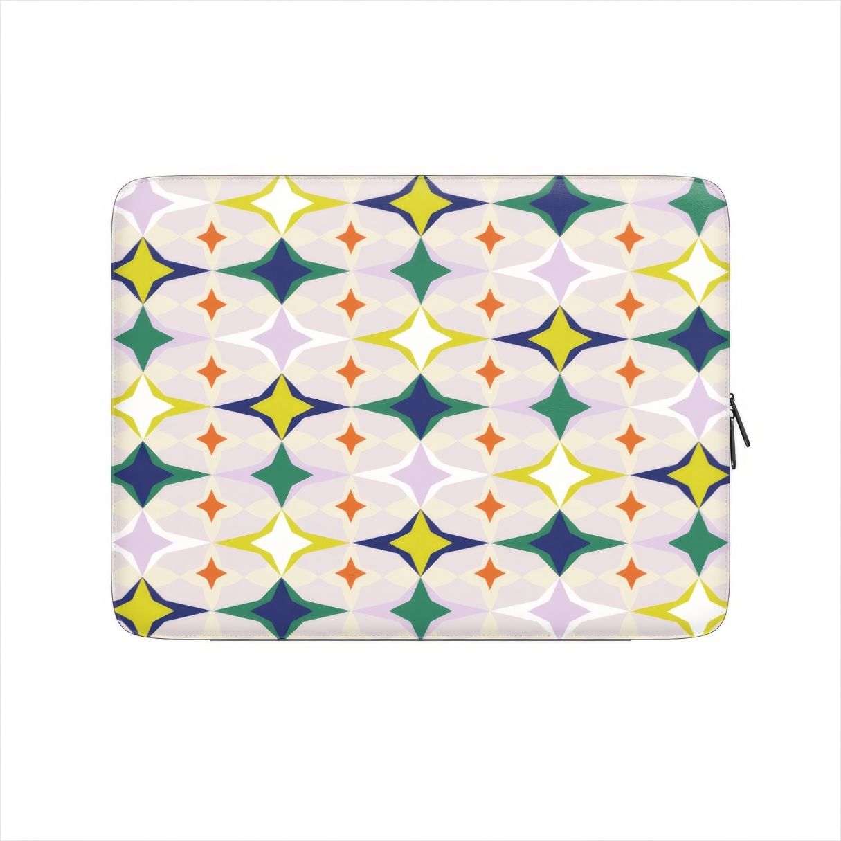 Laptop Sleeve Magic Summer pattern design with a dynamic geometric symmetry in geometric style, featuring an elegant and expressive aesthetic design. Main colors are green, yellow, orange red and lilac. Front view.