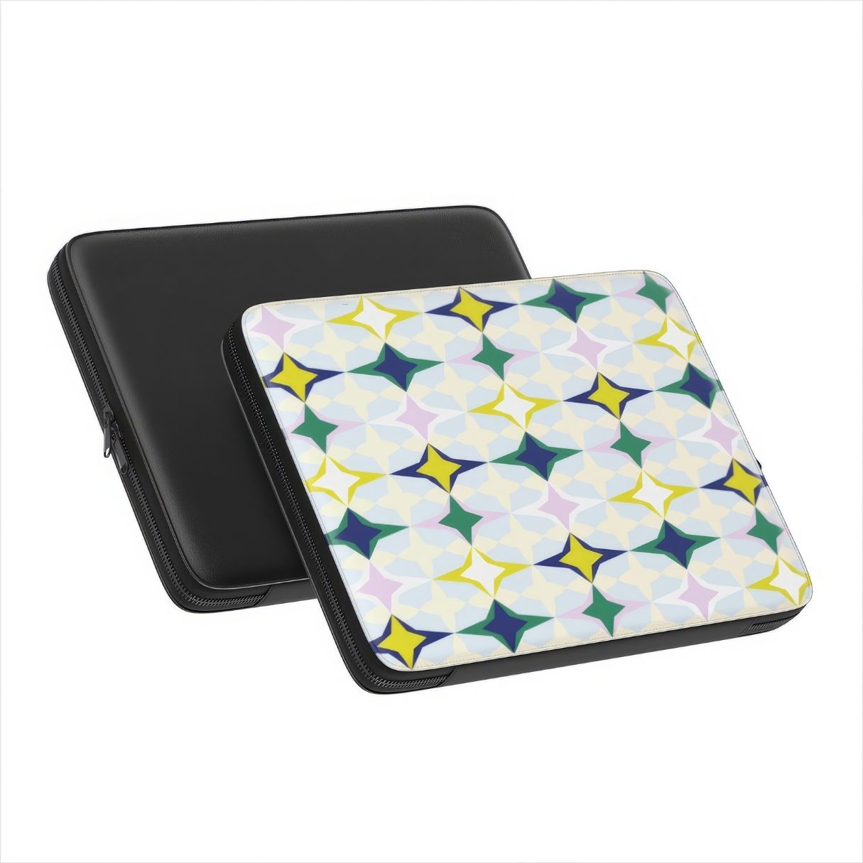 Laptop Sleeve Magic Winter pattern design with a dynamic geometric symmetry in geometric style, featuring an elegant and expressive aesthetic design. Main colors are divine blue, yellow, green and deep blue. Side view.