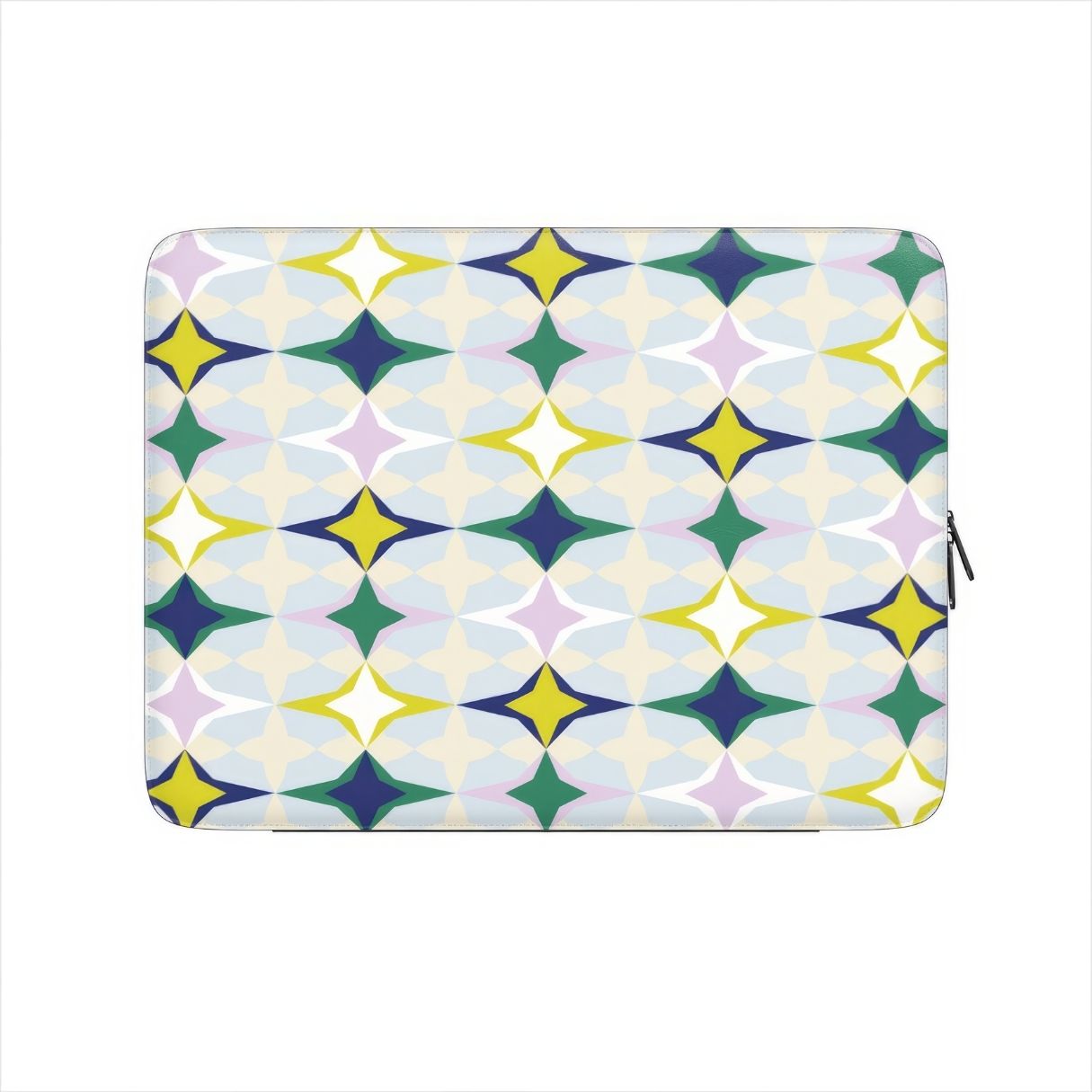 Laptop Sleeve Magic Winter pattern design with a dynamic geometric symmetry in geometric style, featuring an elegant and expressive aesthetic design. Main colors are divine blue, yellow, green and deep blue. Front view.