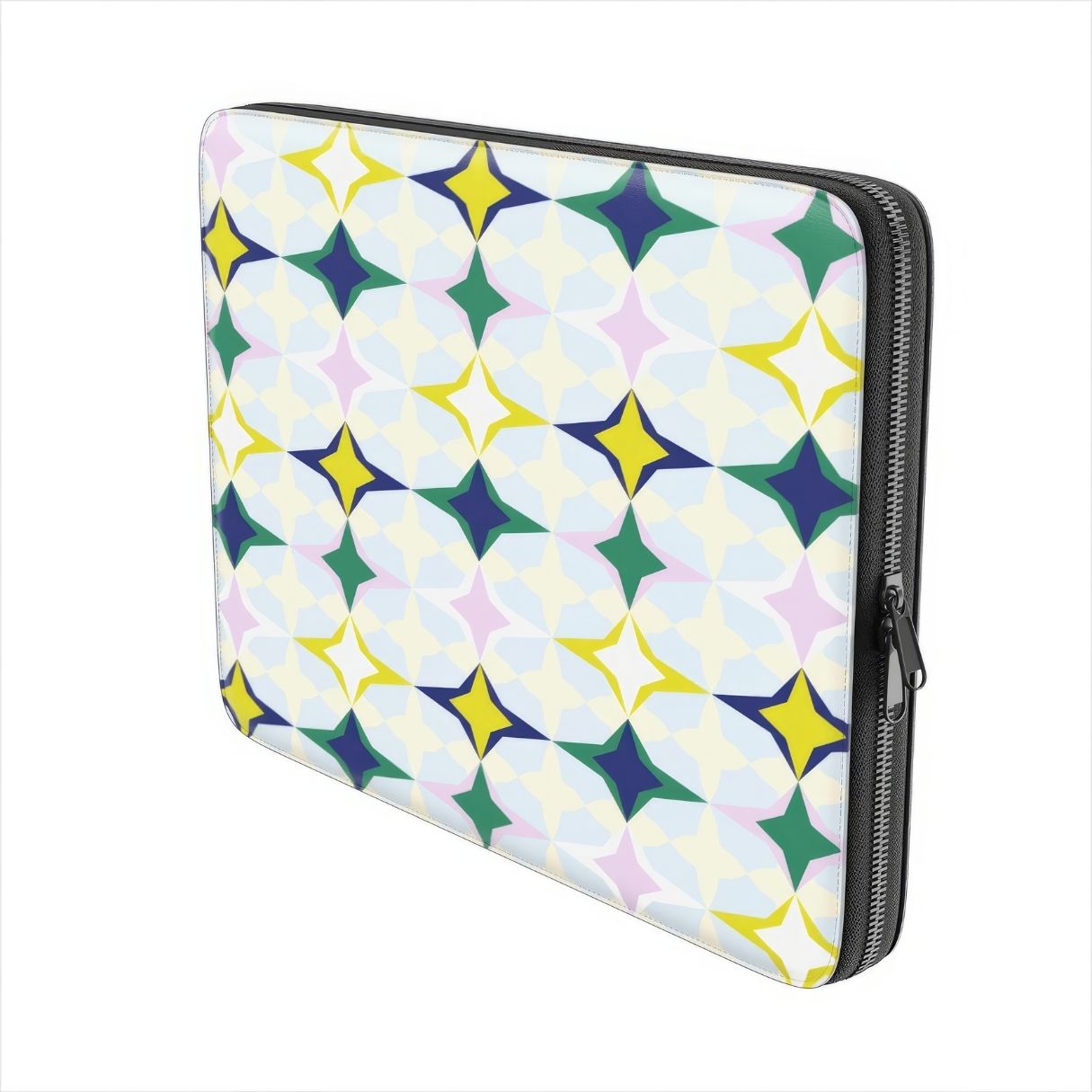 Laptop Sleeve Magic Winter pattern design with a dynamic geometric symmetry in geometric style, featuring an elegant and expressive aesthetic design. Main colors are divine blue, yellow, green and deep blue. Side view.