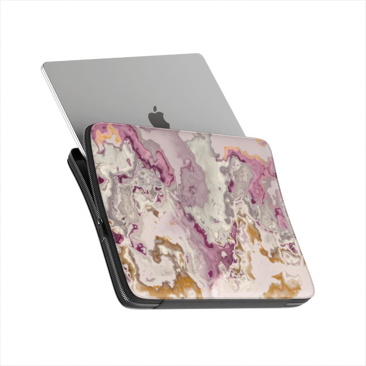 Laptop Sleeve side view with device; Marshmallow pattern, artistic, abstract marble pattern. Pink and beige color combination.