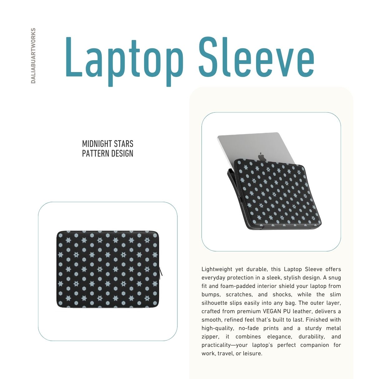 Laptop Sleeve with Midnight Stars pattern, ornamental pattern; kaleidoscope pattern imagination. Bold expressive aesthetic design. Colorful and interior fit. Description.