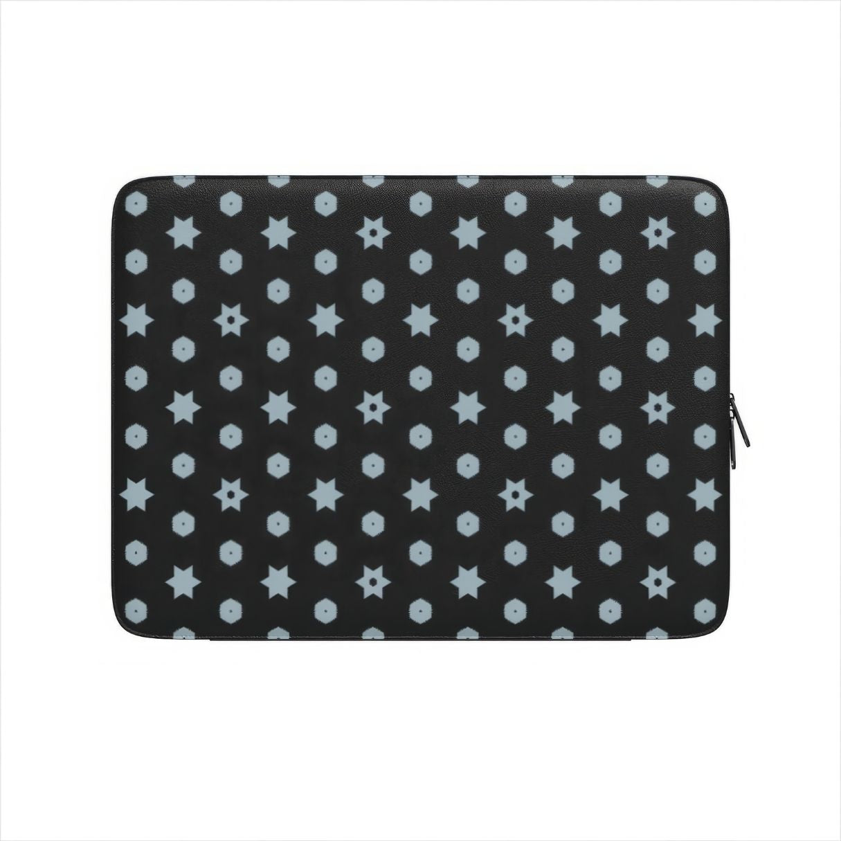 Laptop Sleeve with Midnight Stars pattern, ornamental pattern; kaleidoscope pattern imagination. Bold expressive aesthetic design. Colorful and interior fit. Front view.