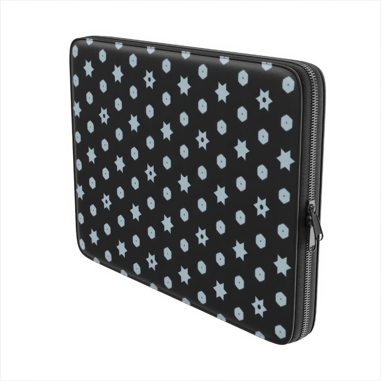Laptop Sleeve with Midnight Stars pattern, ornamental pattern; kaleidoscope pattern imagination. Bold expressive aesthetic design. Colorful and interior fit. Side view.