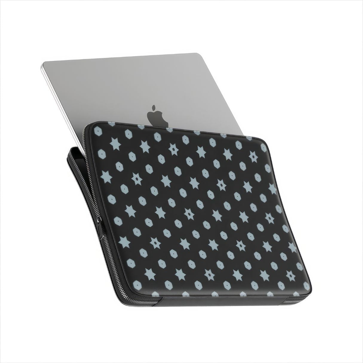Laptop Sleeve with Midnight Stars pattern, ornamental pattern; kaleidoscope pattern imagination. Bold expressive aesthetic design. Colorful and interior fit. Side view with device.