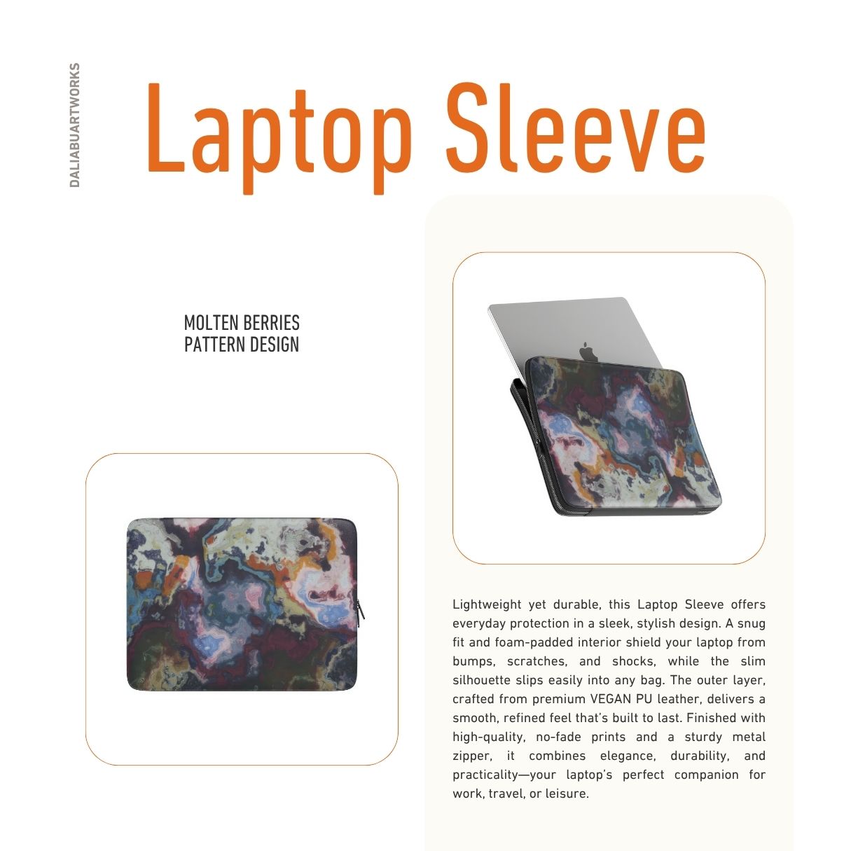 Laptop Sleeve with Molten Berries pattern, artistic, abstract marble pattern. Deep. purple color. Bold expressive aesthetic design. Colorful and interior fit. Description.