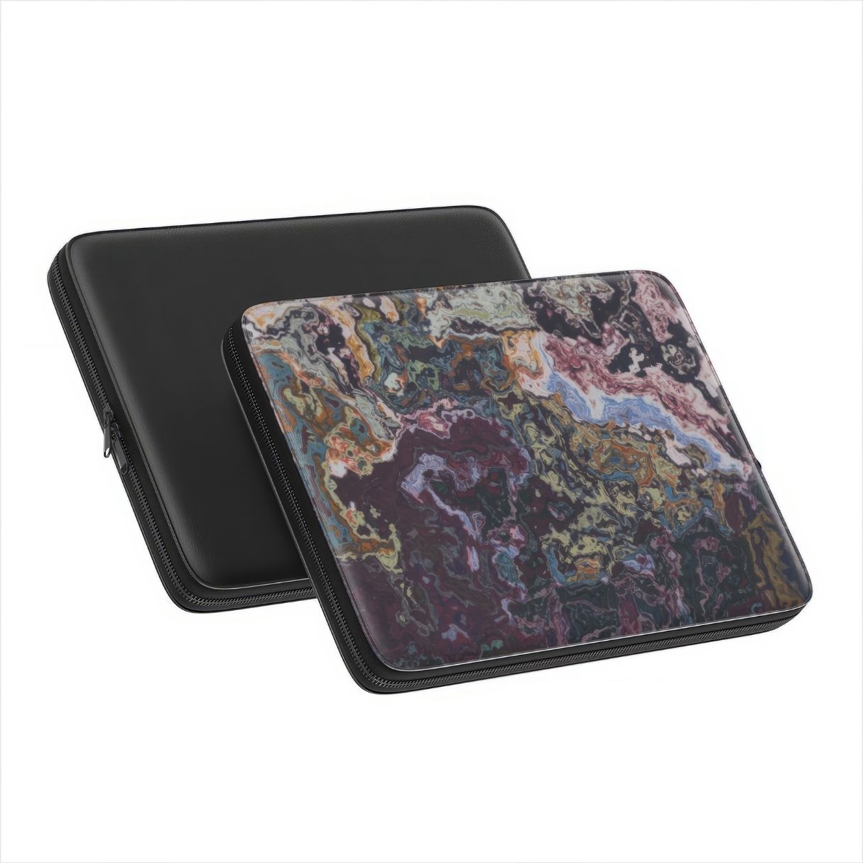 Laptop Sleeve with Molten Berries Mix pattern, artistic, abstract marble pattern. Deep. purple color. Bold expressive aesthetic design. Colorful and interior fit. Side and back view.