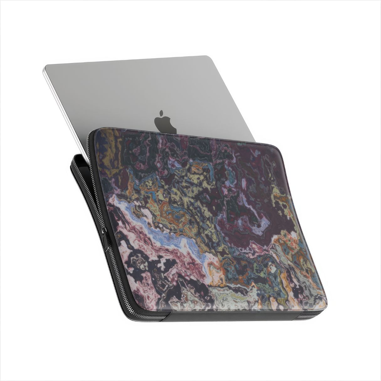 Laptop Sleeve with Molten Berries Mix pattern, artistic, abstract marble pattern. Deep. purple color. Bold expressive aesthetic design. Colorful and interior fit. Side view with device.