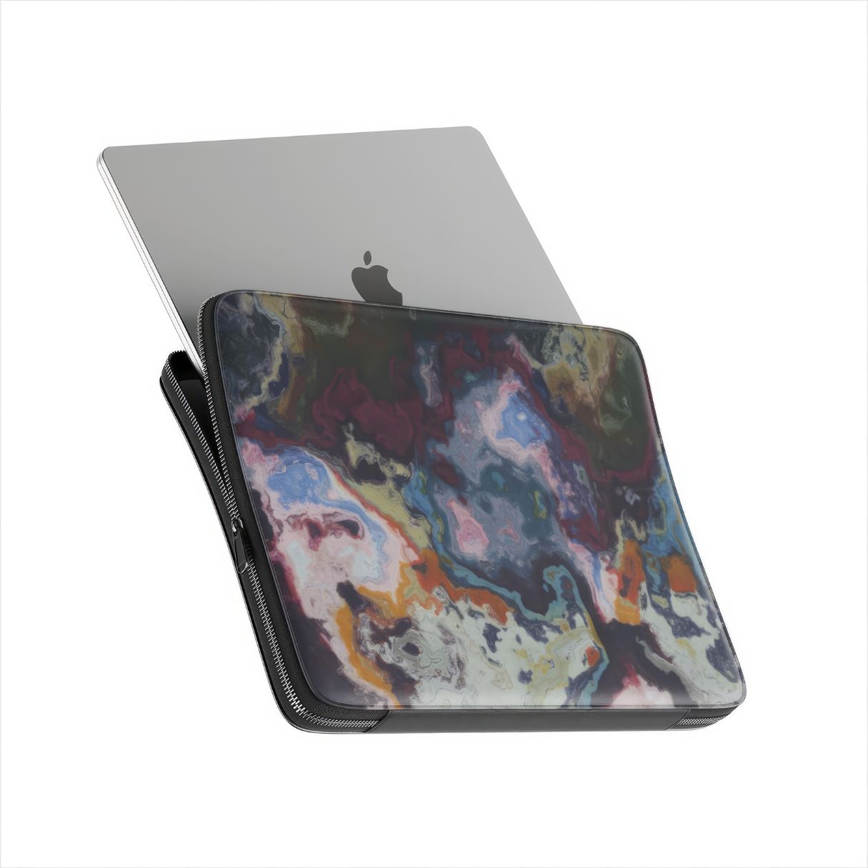 Laptop Sleeve with Molten Berries pattern, artistic, abstract marble pattern. Deep. purple color. Bold expressive aesthetic design. Colorful and interior fit. Side view with device.