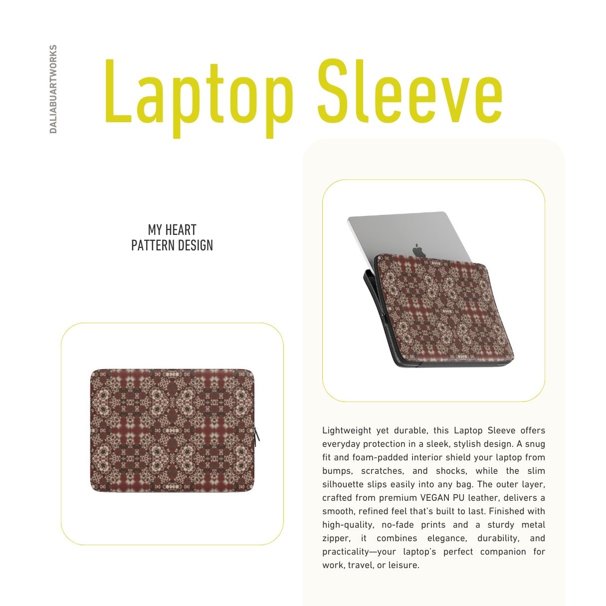 Valentine's edition design. Laptop Sleeve My Heart pattern with ornamental design, featuring an elegant and expressive aesthetic shape. Main color is deep red. Description.