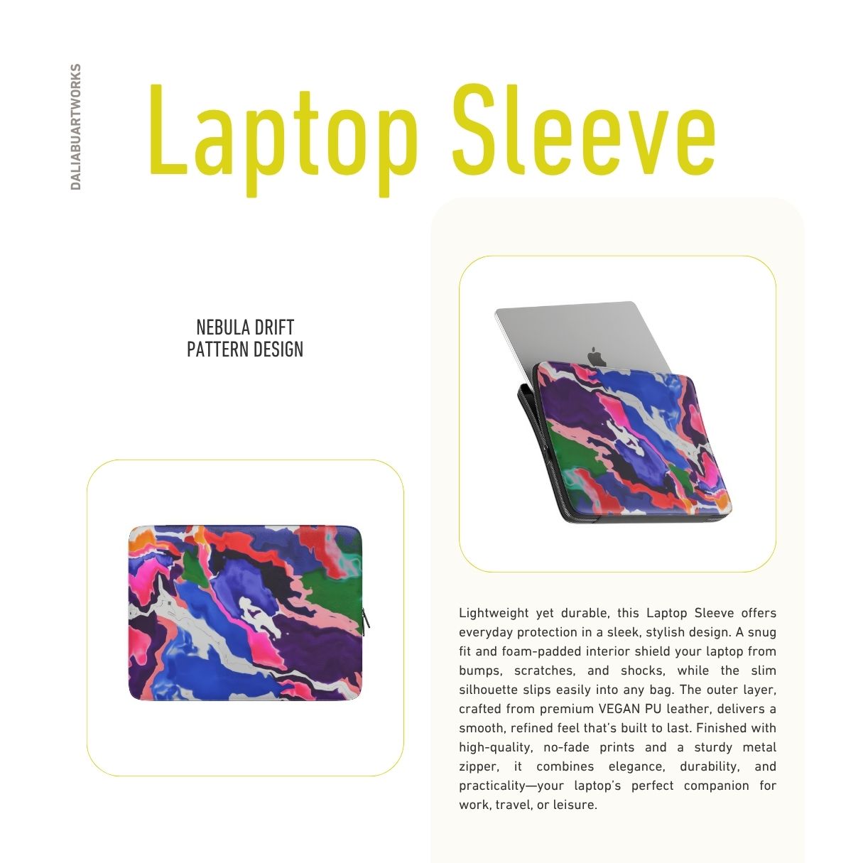 Laptop Sleeve side description; Nebula Drift pattern, artistic, abstract marble pattern. Blue and purple color combination. Bold expressive aesthetic design. Colorful and interior fit. Elegant.