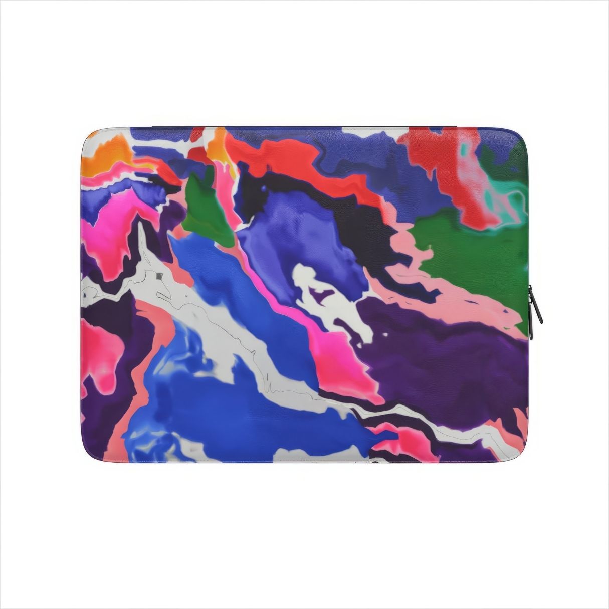 Laptop Sleeve front view; Nebula Drift pattern, artistic, abstract marble pattern. Blue and purple color combination. Bold expressive aesthetic design. Colorful and interior fit. Elegant.