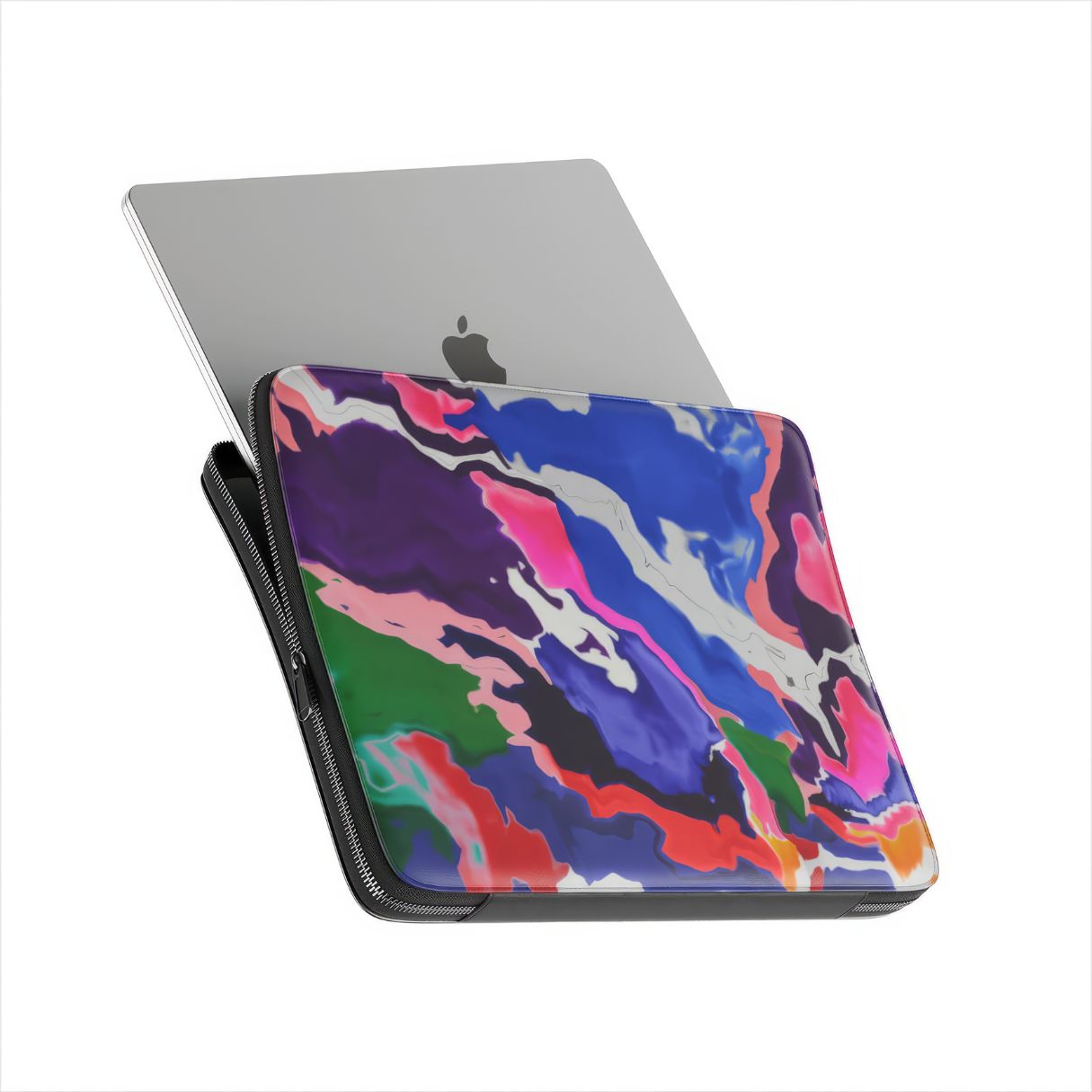 Laptop Sleeve side view with laptop; Nebula Drift pattern, artistic, abstract marble pattern. Blue and purple color combination. Bold expressive aesthetic design. Colorful and interior fit. Elegant.