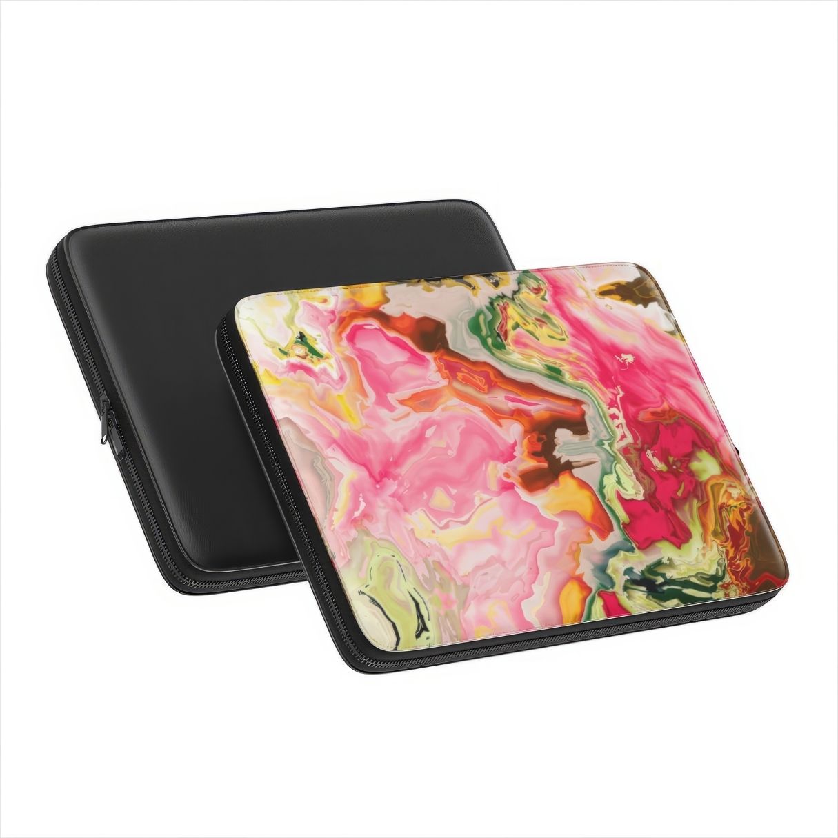 Laptop Sleeve with Neon Pink pattern, artistic, abstract marble pattern. Pink and green color combination. Bold expressive aesthetic design. Colorful and interior fit. Front and back view.
