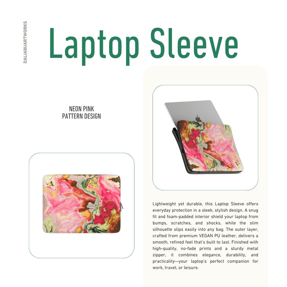 Laptop Sleeve with Neon Pink pattern, artistic, abstract marble pattern. Pink and green color combination. Bold expressive aesthetic design. Colorful and interior fit. Description.