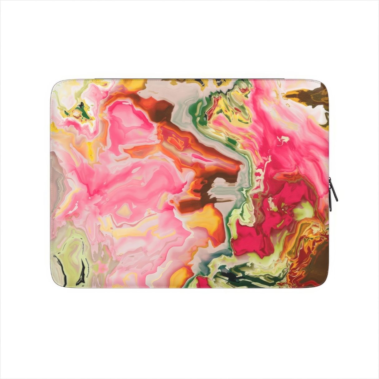 Laptop Sleeve with Neon Pink pattern, artistic, abstract marble pattern. Pink and green color combination. Bold expressive aesthetic design. Colorful and interior fit. Front view.