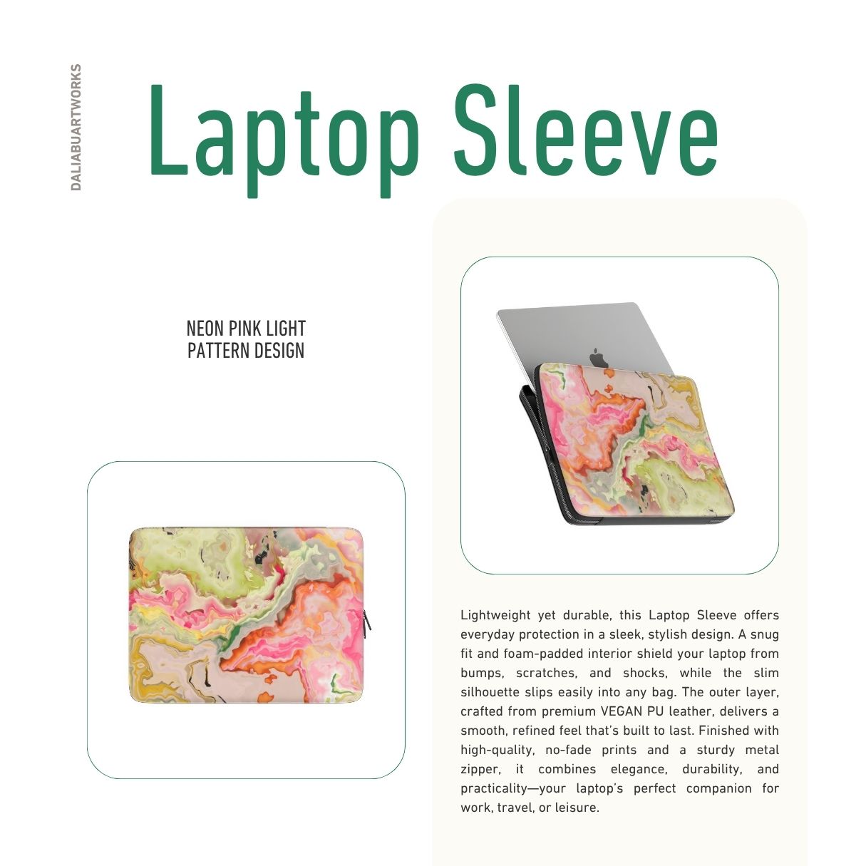 Laptop Sleeve with Neon Pink Light pattern, artistic, abstract marble pattern. Light pink and green color combination. Bold expressive aesthetic design. Colorful and interior fit. Description.