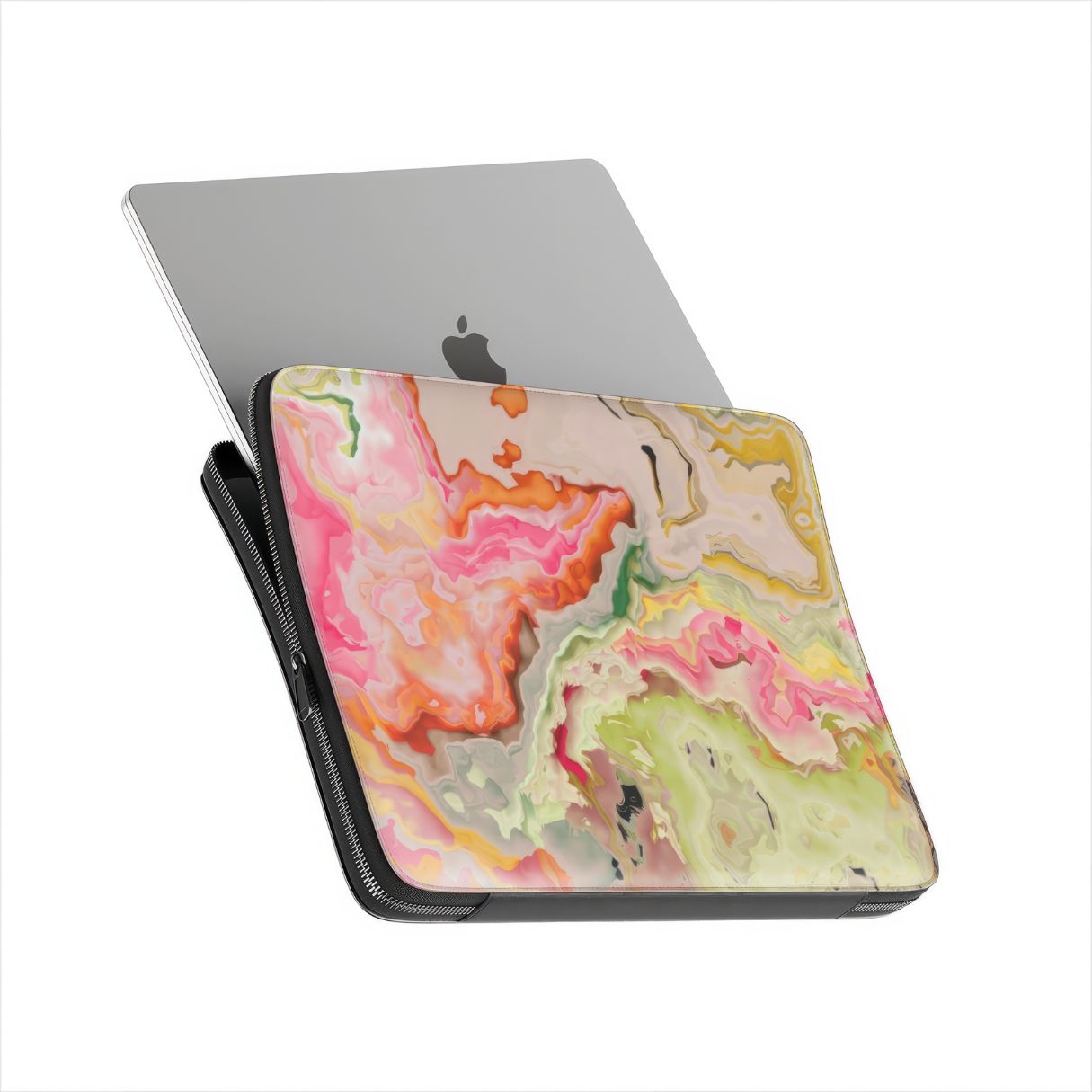 Laptop Sleeve with Neon Pink Light pattern, artistic, abstract marble pattern. Light pink and green color combination. Bold expressive aesthetic design. Colorful and interior fit with device.