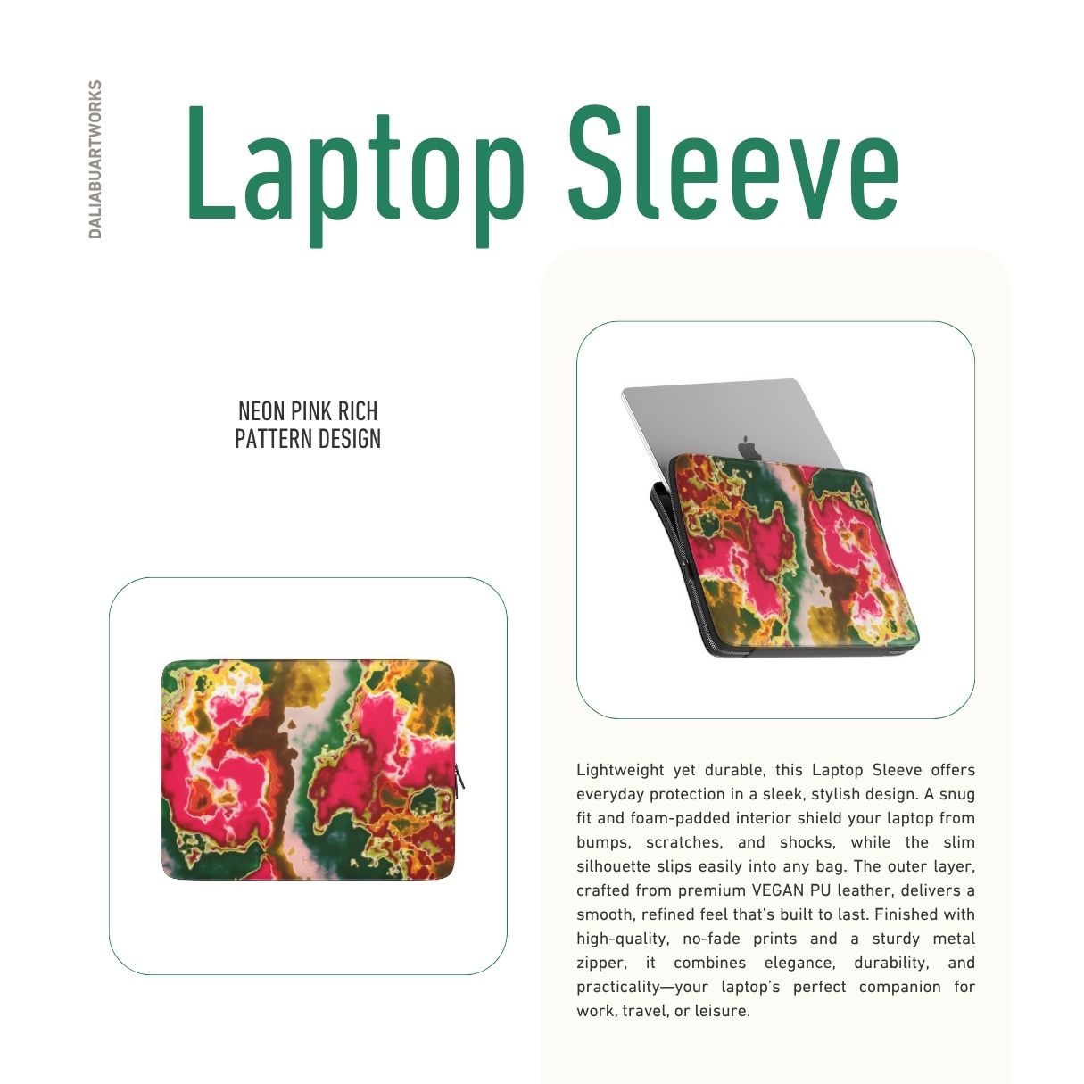 Laptop Sleeve with Neon Pink pattern, artistic, abstract marble pattern. Electric Pink color. Bold expressive aesthetic design. Colorful and interior fit. Description.