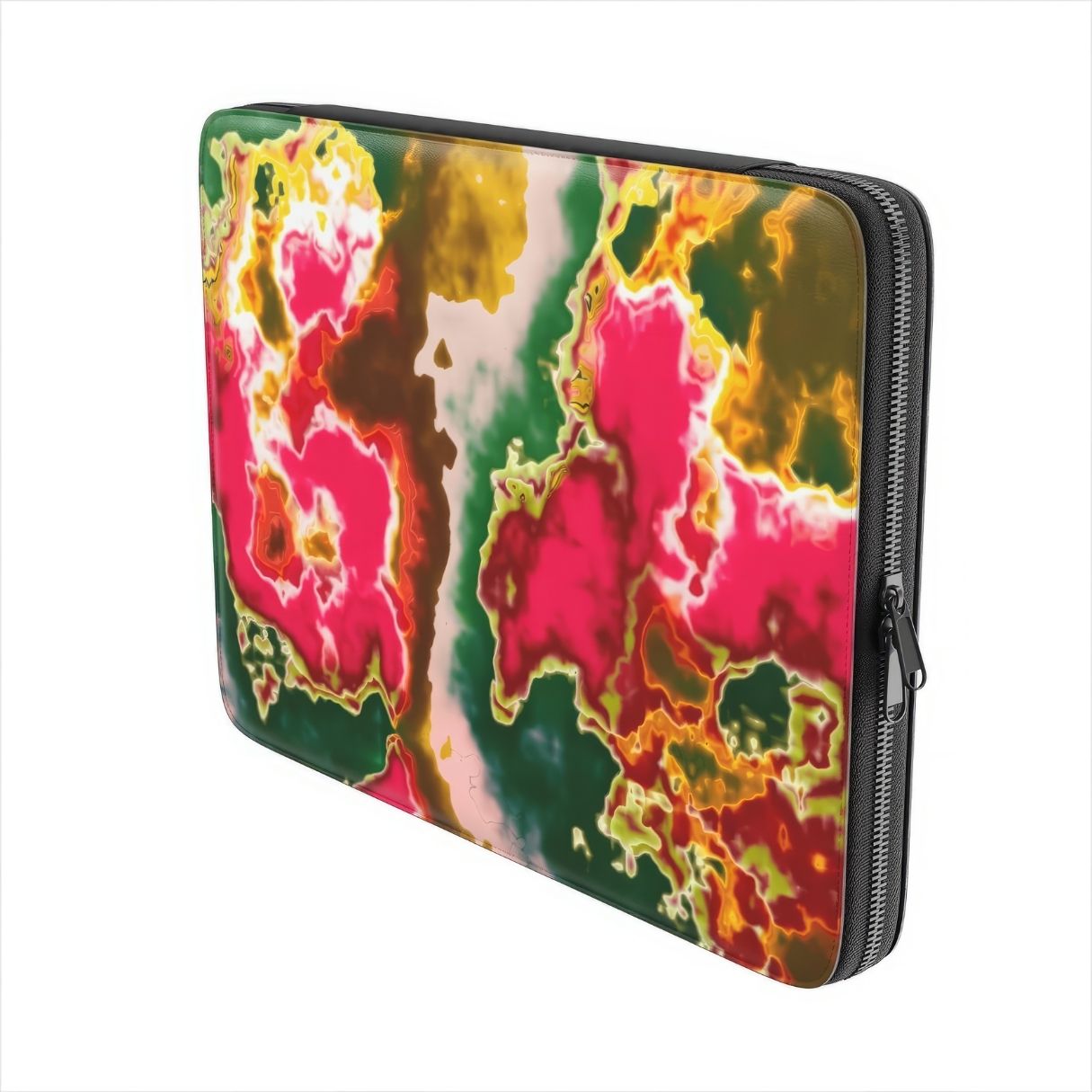 Laptop Sleeve with Neon Pink pattern, artistic, abstract marble pattern. Electric Pink color. Bold expressive aesthetic design. Colorful and interior fit. Side view.